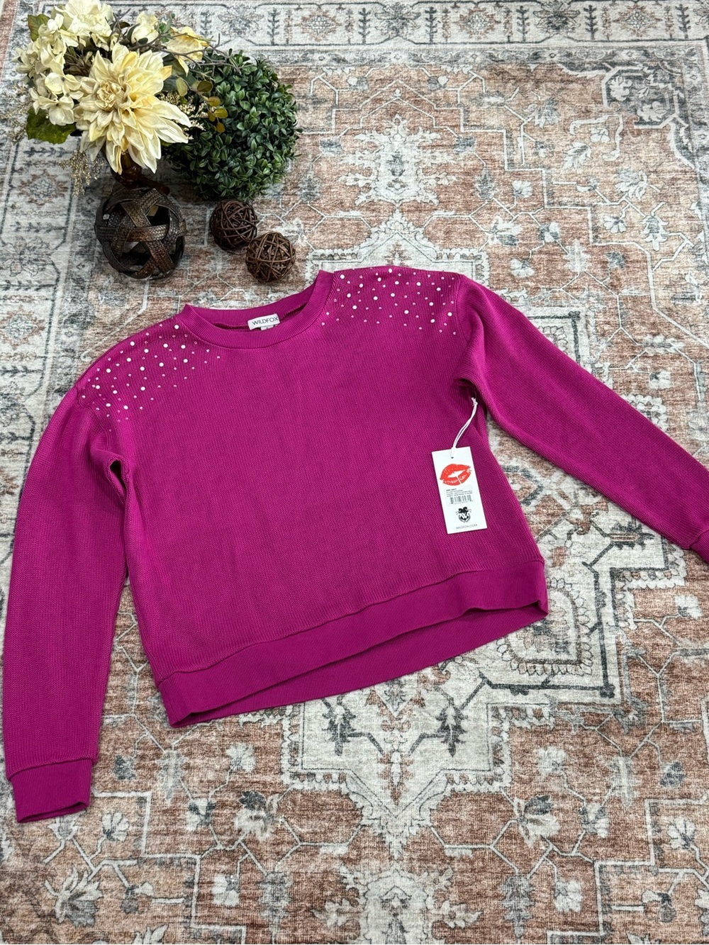 Marc New York Fuchsia Pearl-Accent Crewneck Sweater